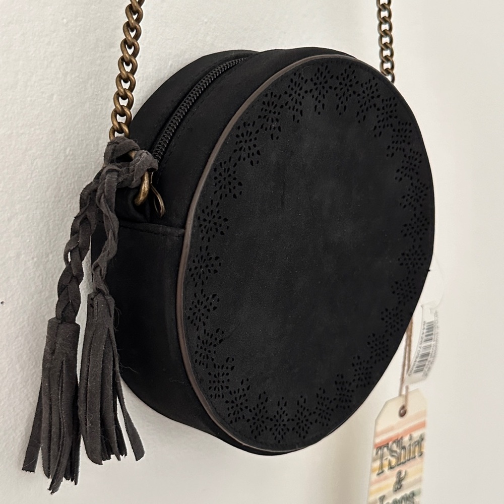 NEW! Round Faux Suede Bag with Cutout Detail & Gold Chain Strap